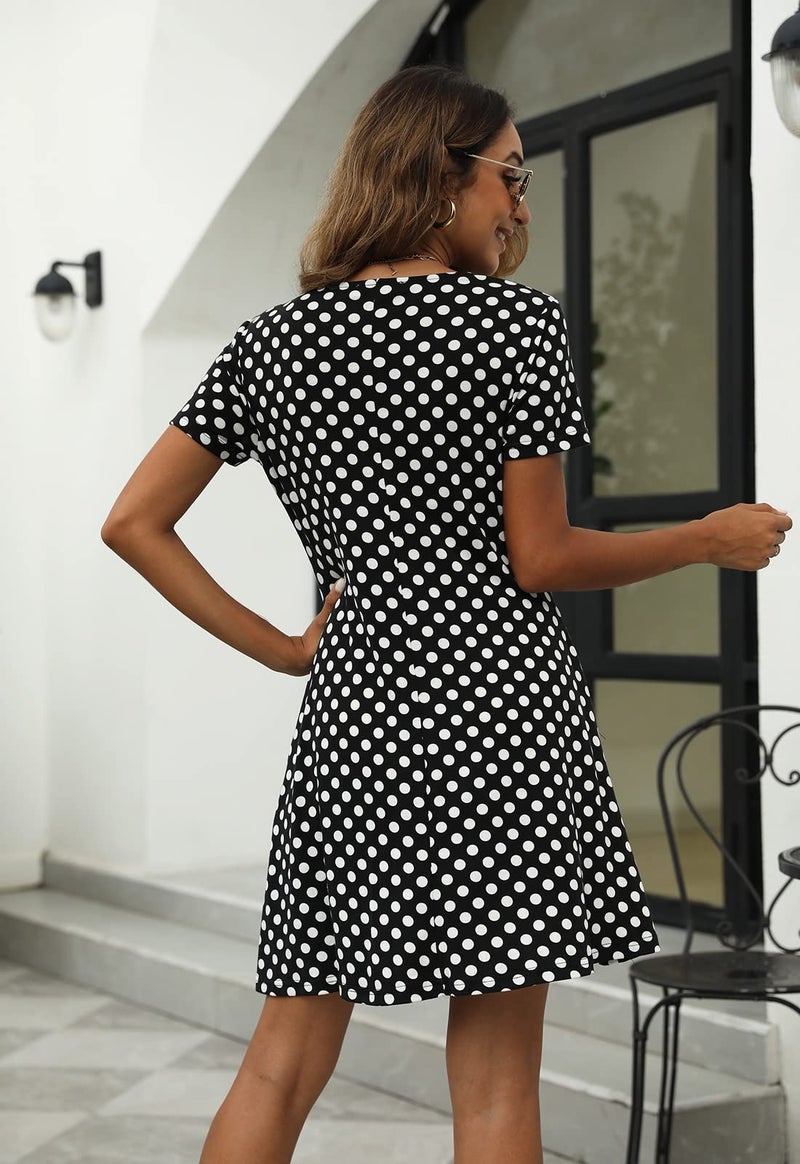 Manydress Women's Summer Casual T Shirt Short Sleeve Button Down Swing Dress with Pockets MY035 (Black Dot, XL) - Image 2